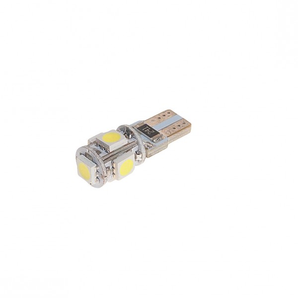 Автолампа T10W (W2,1x9,5d) 5 SMD 5050 WHITE 6000K с блокиратором ошибок CANbus 100лм   12V MEGAPOWER /10 /100 M-70214W