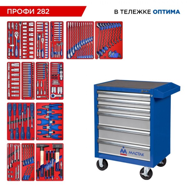 Набор инструментов 282 предмета, ПРОФИ 282, в синей тележке МАСТАК 52-06282B