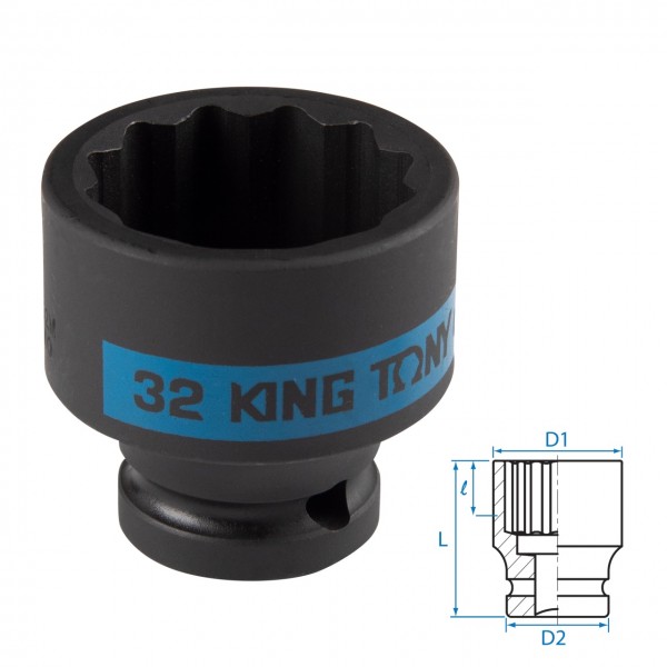 Головка торцевая ударная двенадцатигранная 1/2, 32 мм KING TONY 453032M