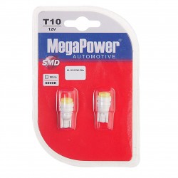 Автолампа T10W (W2,1x9,5d) CERAMIC 1 SMD WHITE блистер (2 шт) 6000K 55лм   12V MEGAPOWER /1 /50