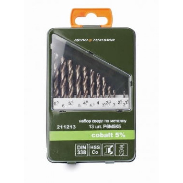 Набор сверл по металлу Р6М5К5, 13 шт (Ø 1,5-6,5 шаг 0,5 +3,2+4,8 мм) ДЕЛО ТЕХНИКИ 211213