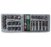 Набор торцевых головок и насадок 32пр.: 1/2"DR головки Е-профиль, насадки TORX, Spline  (Е10-Е24, Т50-Т70, М5-М16) в лотке  ROCK FORCE RF-T4322
