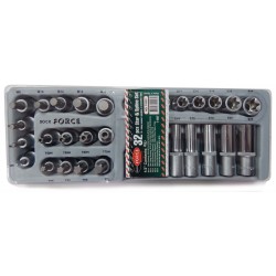 Набор торцевых головок и насадок 32пр.: 1/2"DR головки Е-профиль, насадки TORX, Spline  (Е10-Е24, Т50-Т70, М5-М16) в лотке  ROCK FORCE RF-T4322