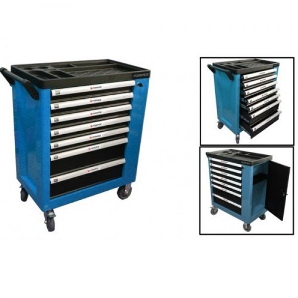Forsage Тележка инструментальная 7-ми полочная (синяя), с дополнительной боковой секцией, 600х840х980 (полки:65х400х530-5шт,140х400х530мм-2шт) F-1141127B(126B)
