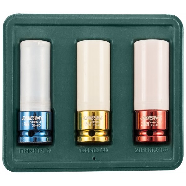 JONNESWAY  Комплект торцевых головок ударных глубоких 1/2"DR (пластик, цвет), 17-21 мм, 3 предмета S03AD4303S